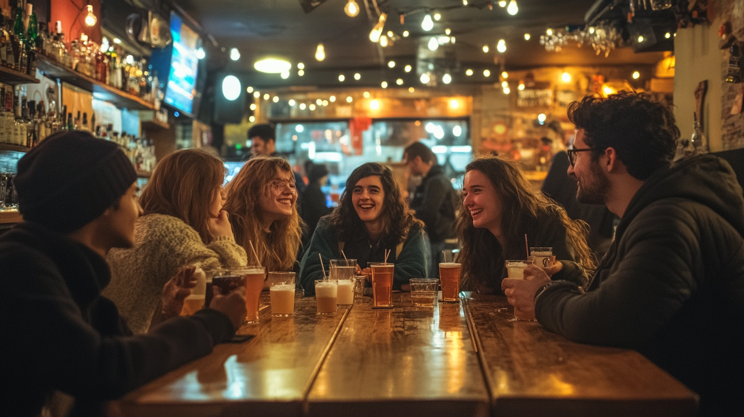 A group of people sat around a table in a bar, drinking and laughing.