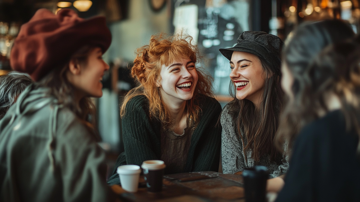 A group of women sat in a coffee shop, talking and laughing.