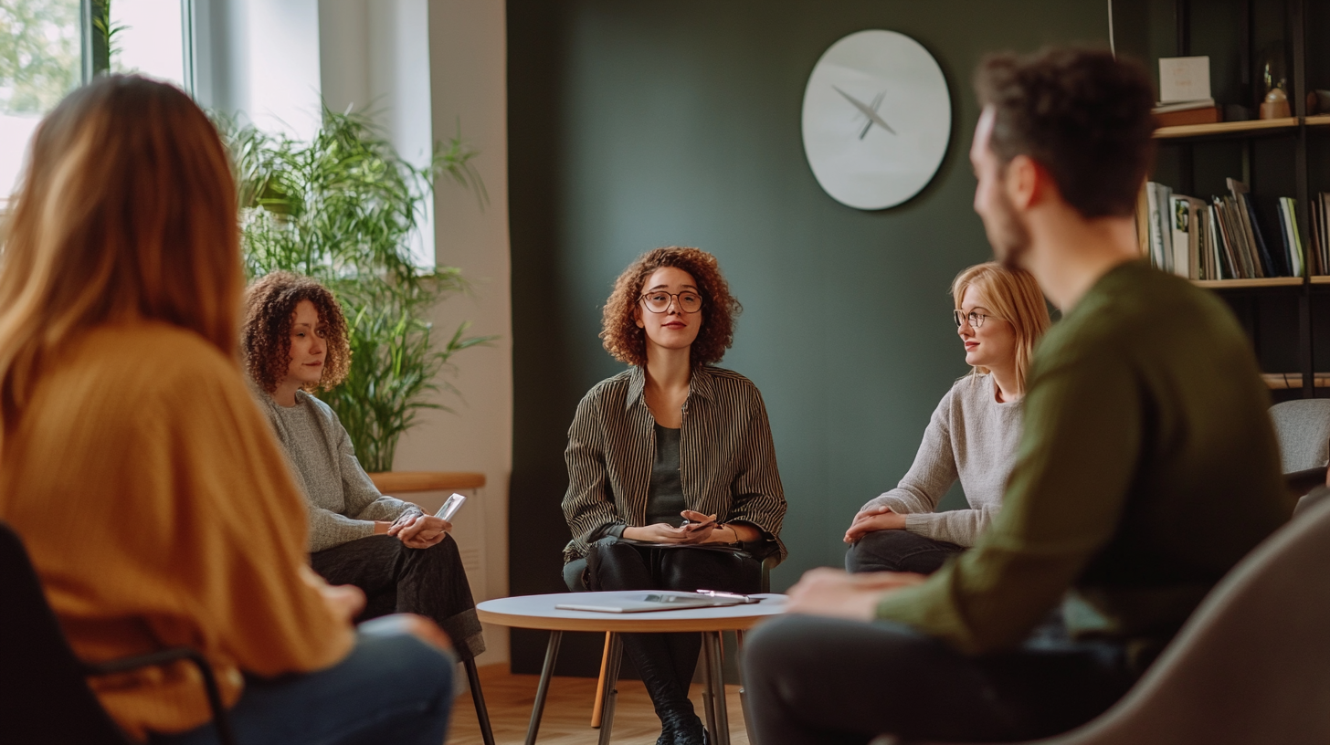 An addiction recovery meeting with a group of people sat around a table and talking.